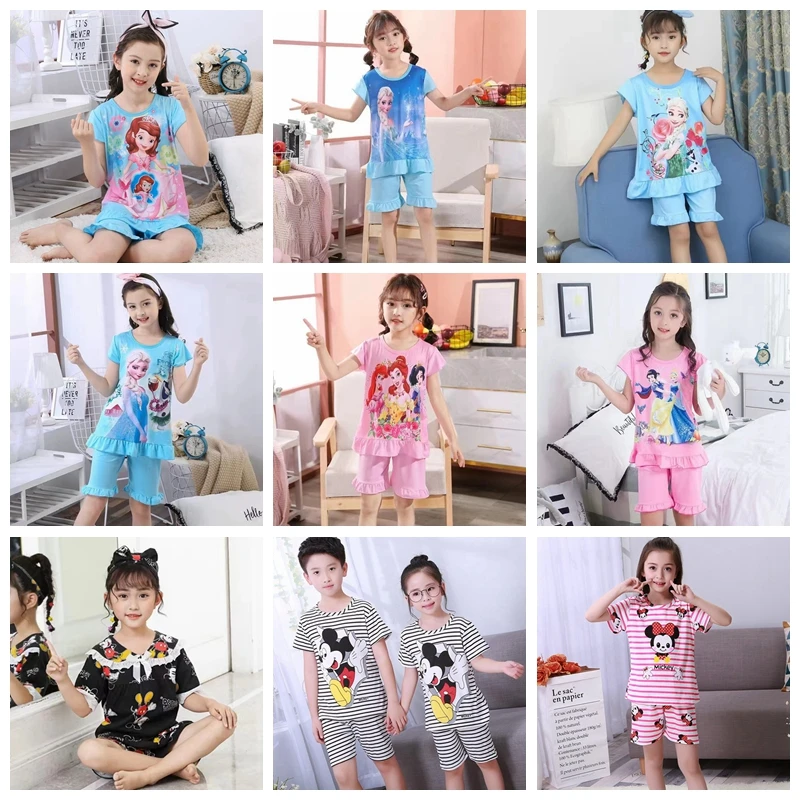 

Summer Girls Pajamas Pyjamas Set Frozen Anna Elsa Mickey Minnie Short Sleepwear Homewear Children Clothing Cartoon Boy Nightgown