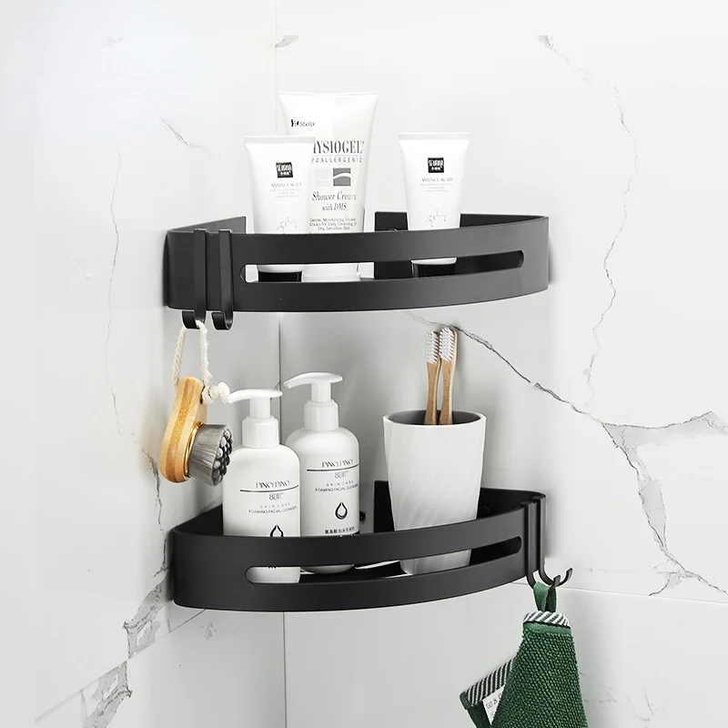 

Mosodo Bathroom Shelf Organizer Shower Storage Rack Black Corner Shelves Wall Mounted Aluminum Toilet Shampoo Holder No Drill