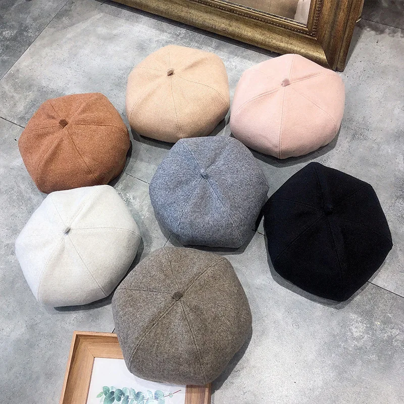 

Lady Autumn Winter Octagonal Hat Painter style hat Women Vintage Berets Pumpkin Caps Female Bonnet Warm Walking Cap Z157