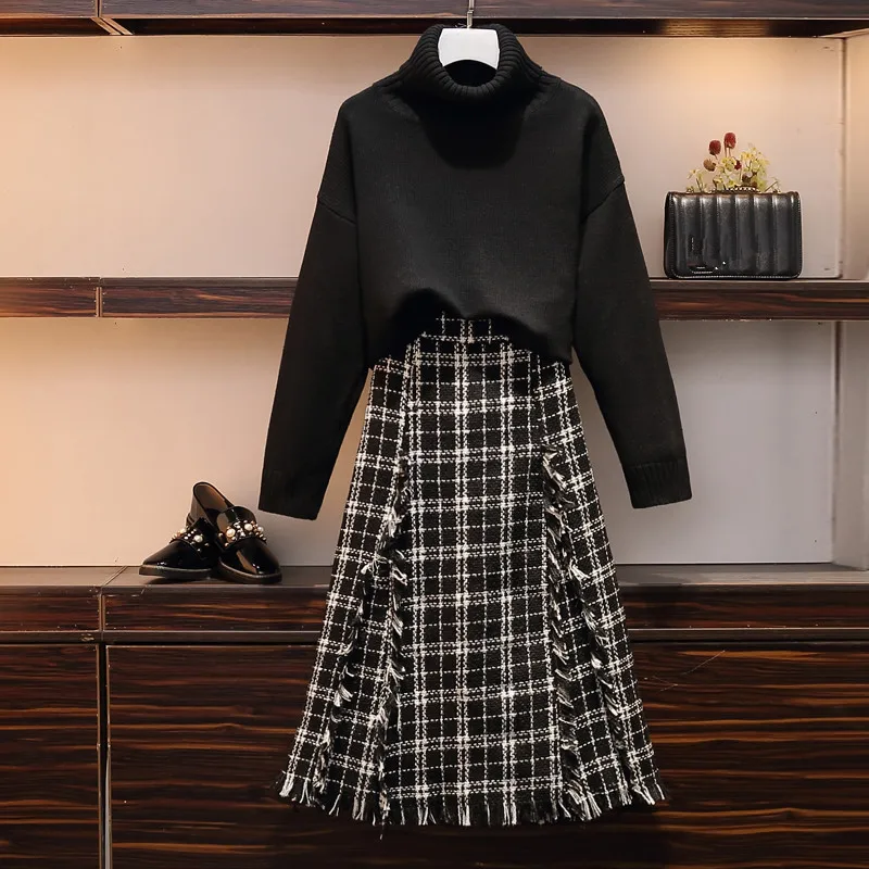 Женский пуловер размера плюс комплект из 2 предметов Осень зима черный плотный