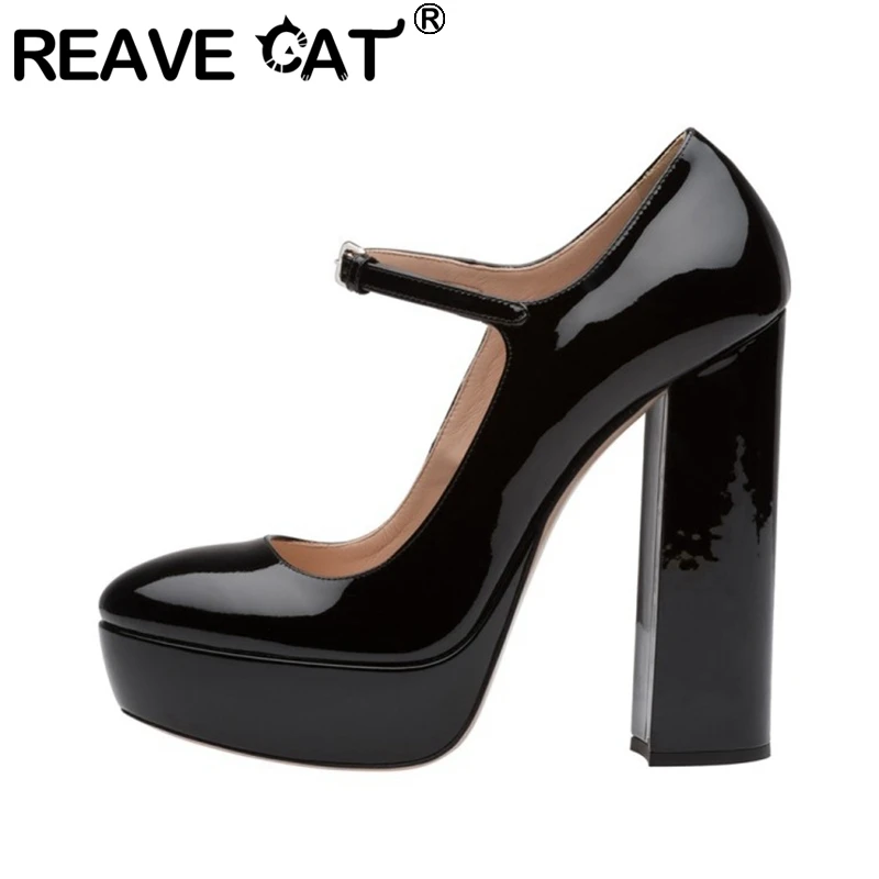 

REAVE CAT New 2021 Women Pumps Platform 16cm Super High Square Heels Buckle Mary Jane Simple Big Size 34-46 Date Casual C2238