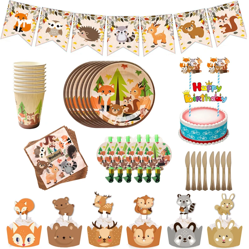 

Forest Animal Themed Party Disposable Tableware Paper Plate Cup Napkin Banner Straw Safari Birthday Party decoration supplies