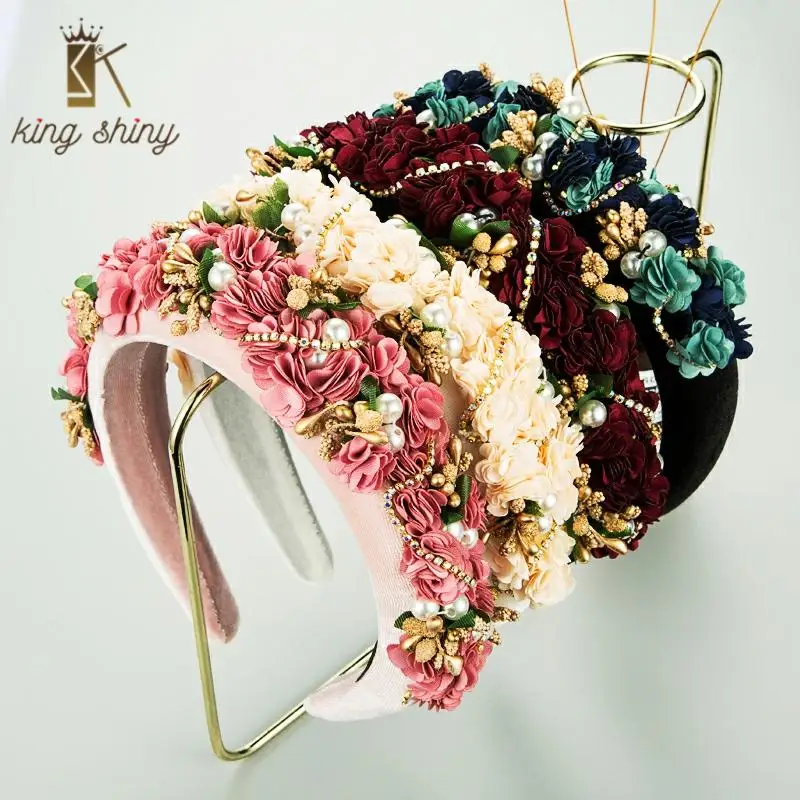 

Temperament Baroque Lace Flower Headband for Woman Vintage Simulated Pearl Thick Sponge Hairband Bridal Wedding Hair Accessories