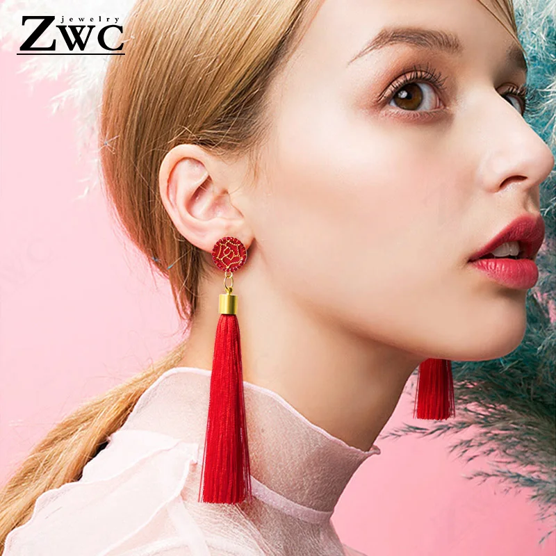 Модные богемные длинные серьги ZWC с кисточками и кристаллами цвет белый красный