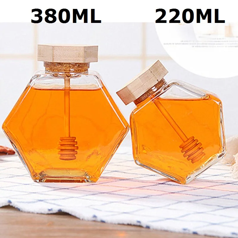 220ML 380ML Стеклянная тара для меда для 220 мл/380 мл мини маленькая бутылка для меда контейнерный горшок с деревянная ложка для меда ложка - Цвет: 220ML 380ML