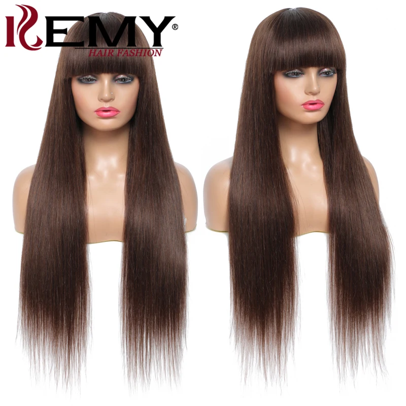 

Brazilian Straight Human Hair Wig With Bangs Medium Brown 99J Burg Natural Color Hair Wigs For Women Remy Bangs Wig 150%