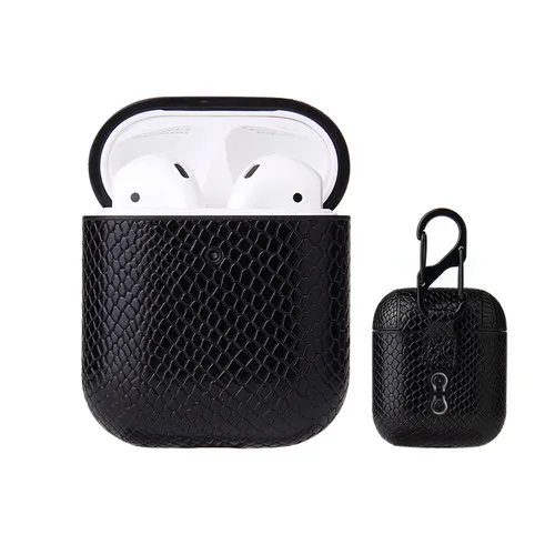 Черный Сумка из змеиной кожи чехол для Apple AirPods 1/2 Bluetooth беспроводные наушники кожаный чехол для Air Pods крышка зарядных ящики - Цвет: Черный