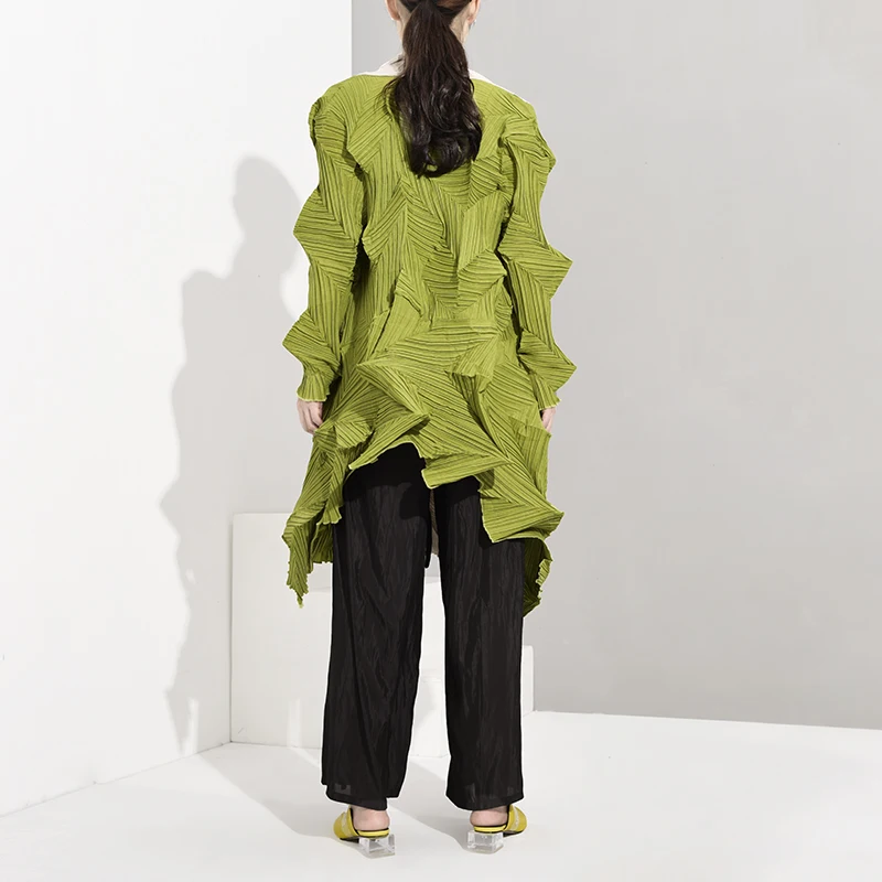 

2020 New Fashion Women's Pleated Long Sleeve Shirt Color Block Asymmetrical Cardigan Coat Casual Long Trench