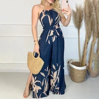 women fashion elegant sleeveless partywear jumpsuits overalls formal party romper print halter slit wide legs party jumpsuit