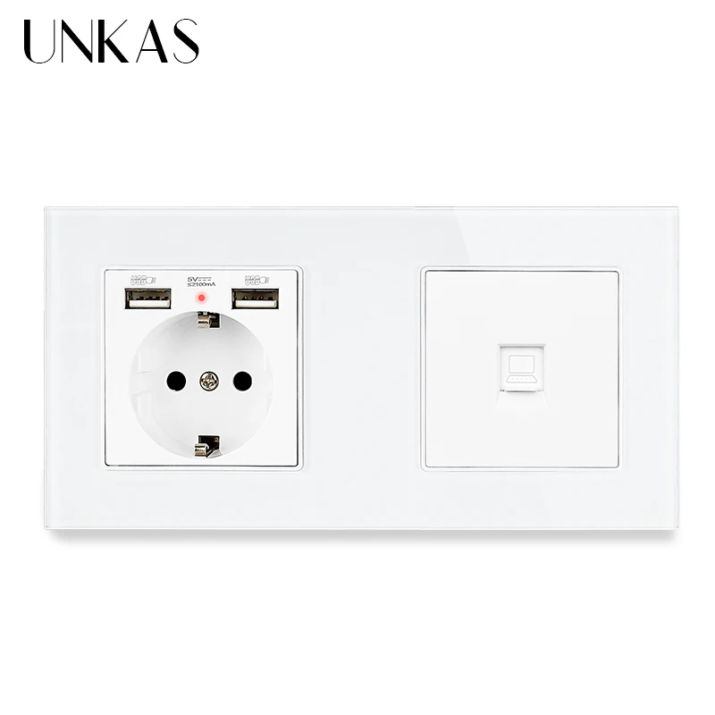UNKAS электрическая розетка со стеклянной панелью европейского стандарта с 2 USB + 1