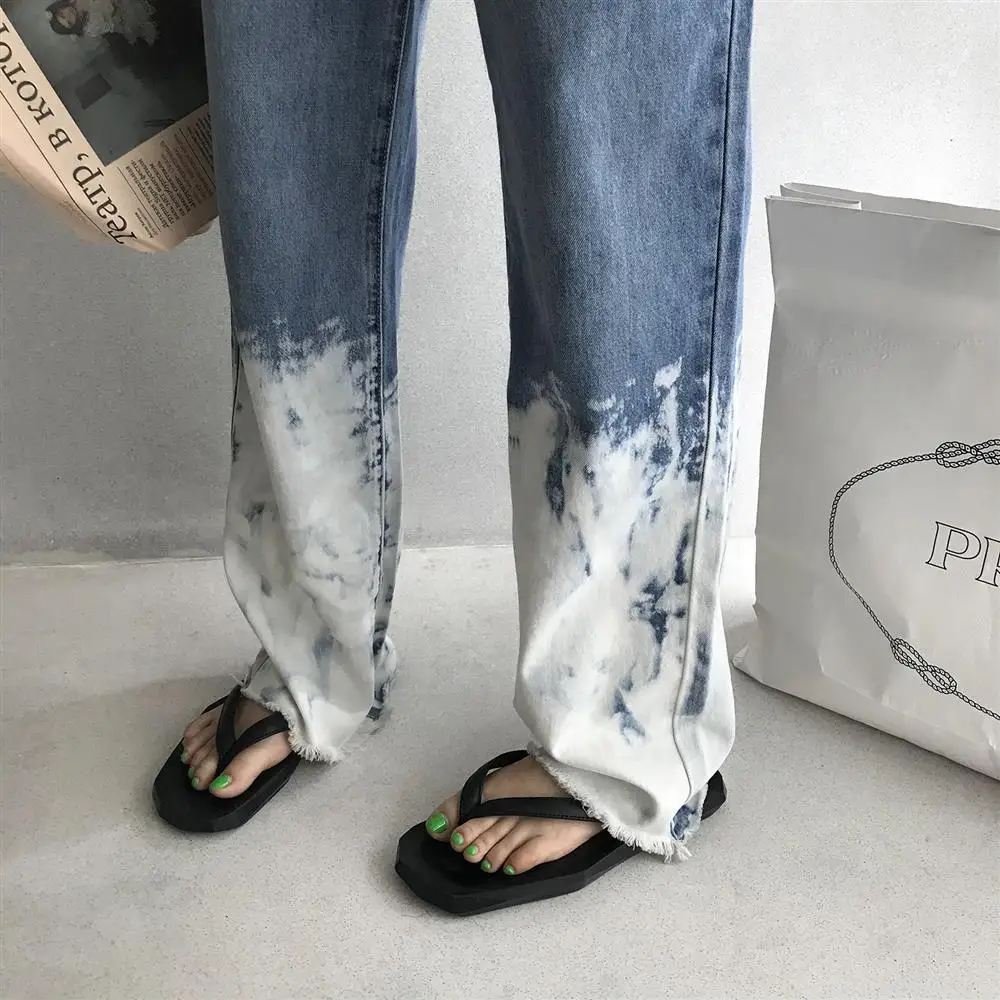 

Large tie dyed light blue denim straight pants female fat sister loose and thin wide leg with rough edge