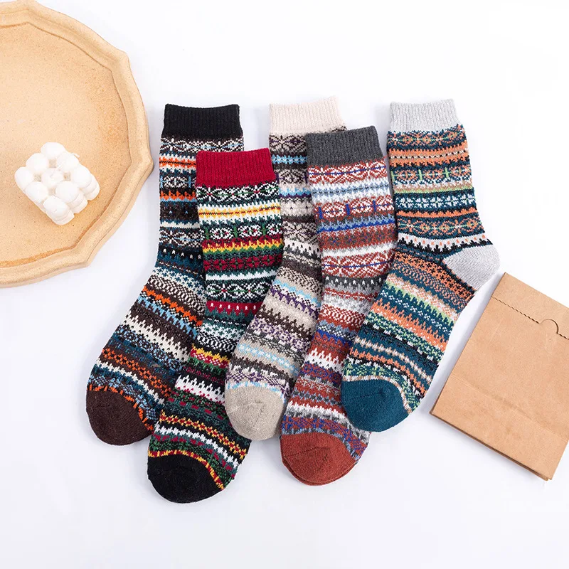 5 Pairs Winter Warmer Women Thicken Thermal Wool  Snow Socks Fashion Casual National Women Socks