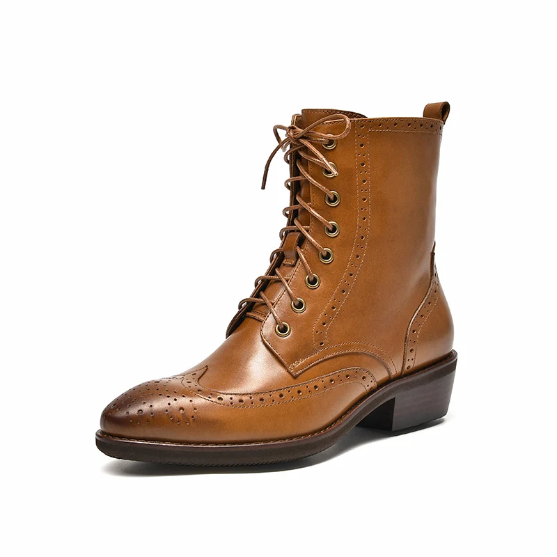 Brownish Yellow BeauToday ботильоны с перфорацией типа «броги»; женские модные ботинки в стиле ретро из натуральной коровьей кожи с острым носком и боковой молнией ручной работы; 03819 - Цвет: Brownish Yellow