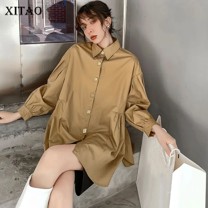 

XITAO Solid Color Simplicity Shirts Fashion Temperament All-match Folds Knitting Pullover Shawl Shirt Two-piece Suit GWJ2677