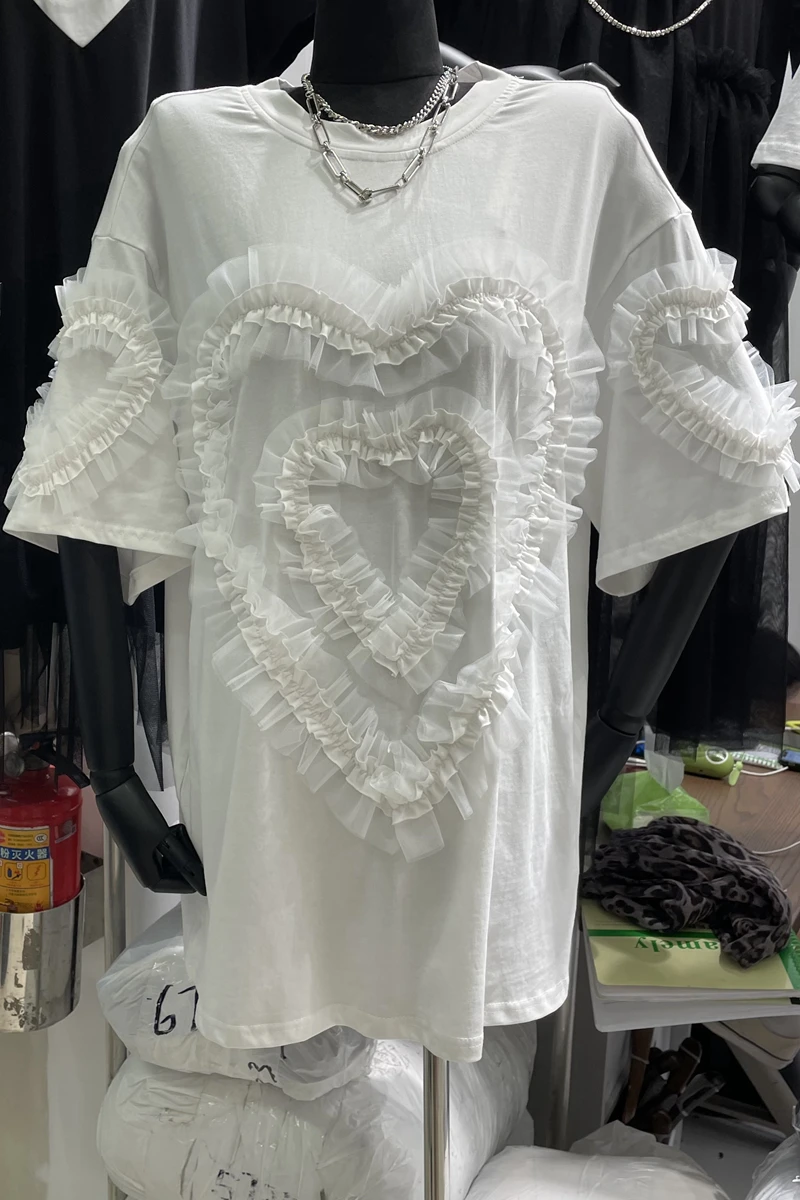 

2021 Summer Stitching Love Loose T Shirt Women's Slimming Korean Style Casual White T Shirt Female Short Sleeve Street Wear Top