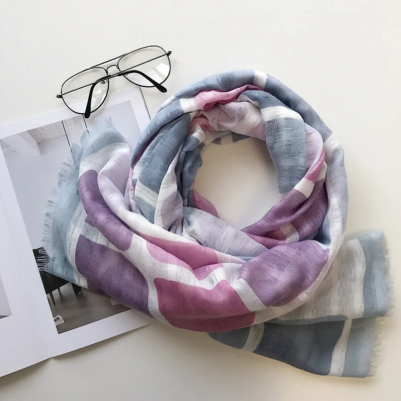Женский весенне осенний мягкий розовый и синий квадратный хлопковый шарф с