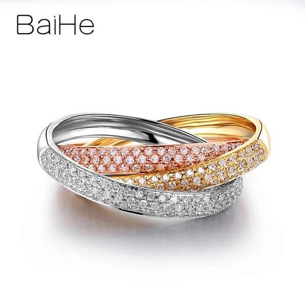 BAIHE, 18 карат, белый+ желтый+ розовое золото, сертифицировано, всего 0.58ct, Круглый, с натуральными бриллиантами, для женщин, свадьба, модный, хорошее ювелирное изделие, подарочное кольцо