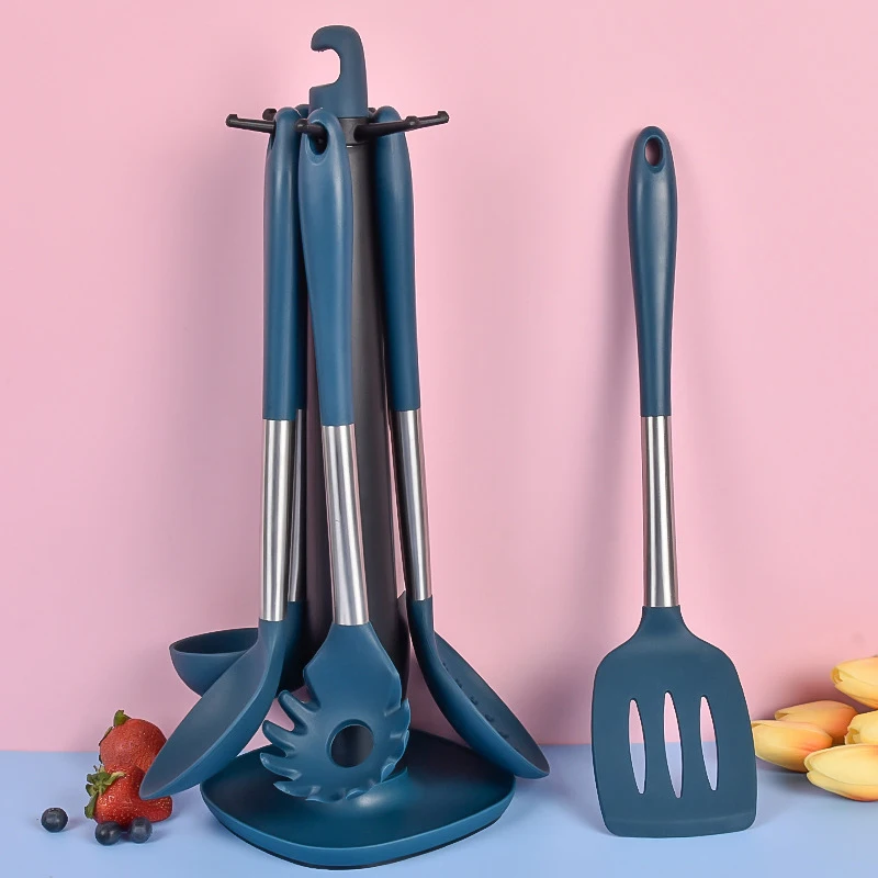 

Silicone Kitchenware Utensils Set Storage Seat Soup Set Slotted Colander Spatula Frying Shovel Spoon Cook Kitchen Accessories