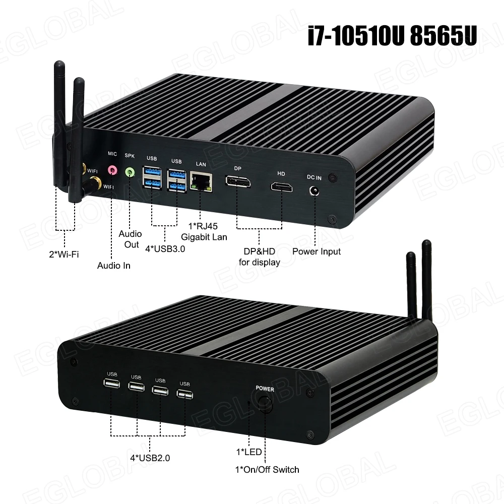 Процессор Eglobal fanless мини-ПК Intel Core 10510U 10710U i5 8265U мини-компьютер 2 * DDR4 M.2 + Msata 5 ''SATA