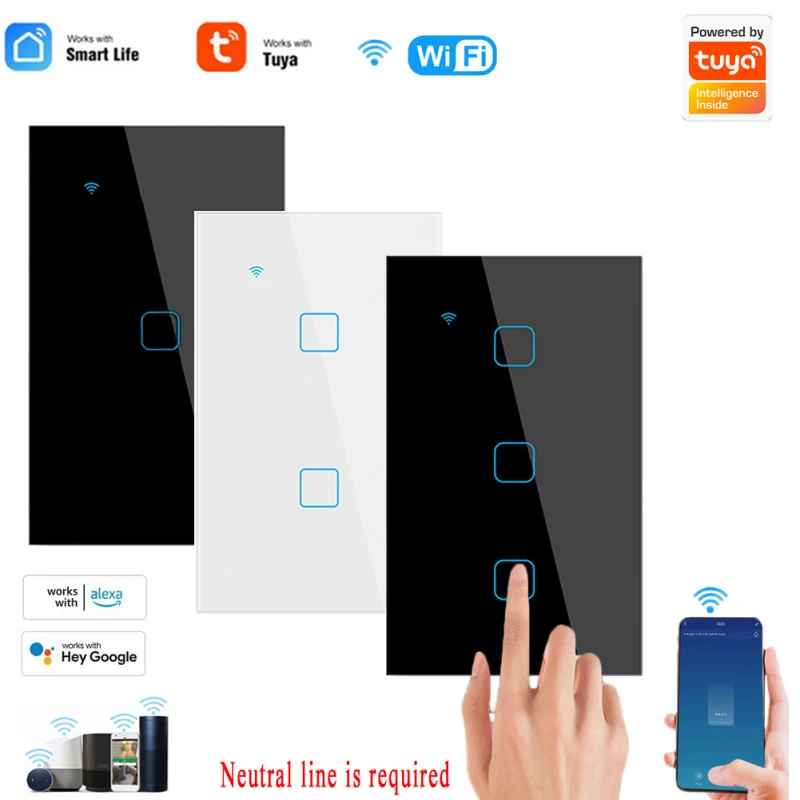 

Умный сенсорный выключатель Tuya Wi-Fi, настенный выключатель с управлением через приложение Tuya/Smart Life, голосовое управление, функция таймера, у...