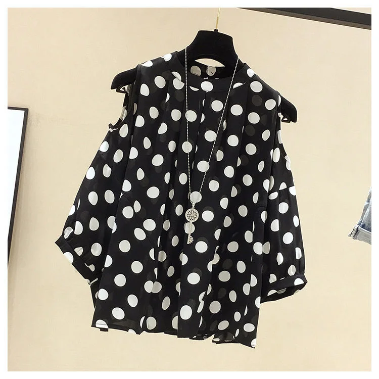

Women shirt Summer Short-Sleeved All-match Tops Polka Dot off-Shoulder Chiffon Shirt elegant Female Shirt