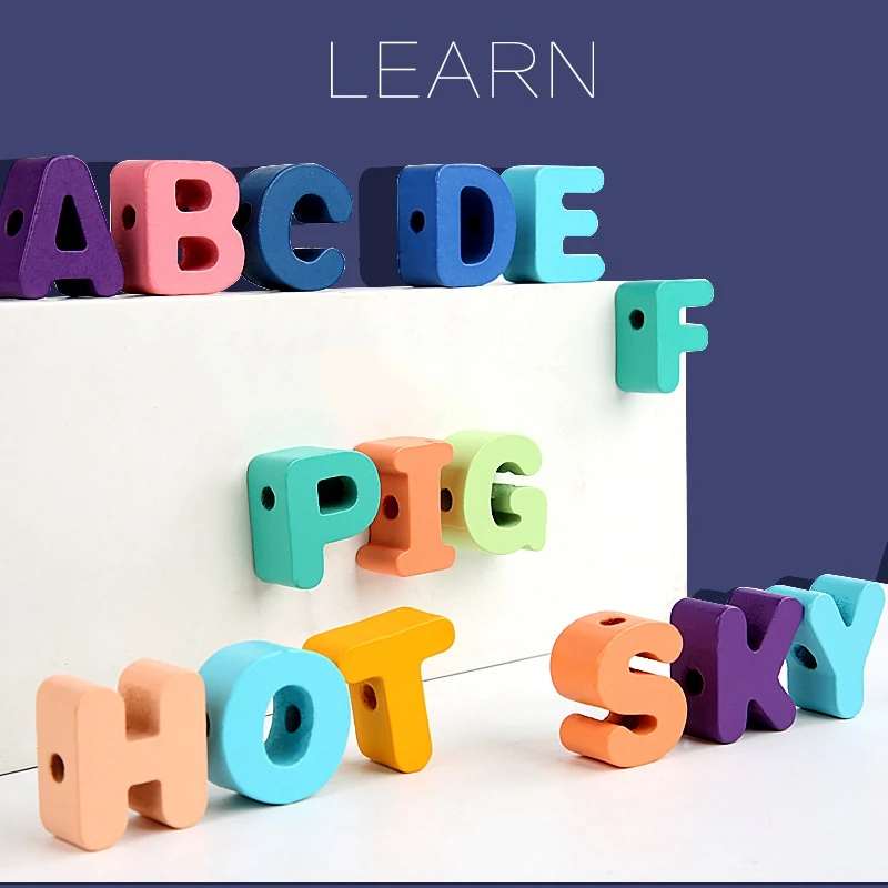 

Wooden Toy Alphanumeric Animal Traffic Shape Large Particles Cartoon Blocks Baby Enlightenment Wood String Bead Toy