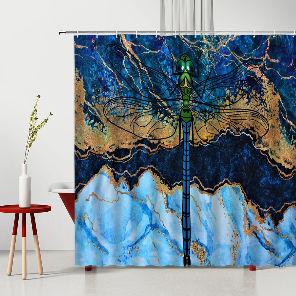 

Marble Shower Curtain Modern Geometric Stripe 3D Art Dragonfly Pattern Bathroom Decor Polyester Bath Hanging Cloth Curtains