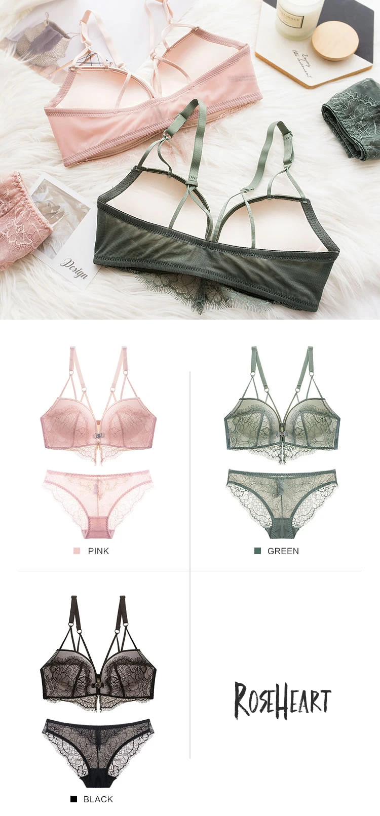 Roseheart, женские модные розовые зеленые сексуальные комплекты нижнего белья, хлопковые трусики, нижнее белье, пуш-ап бюстгальтер, Набор чашек A B, застежка спереди, беспроводной