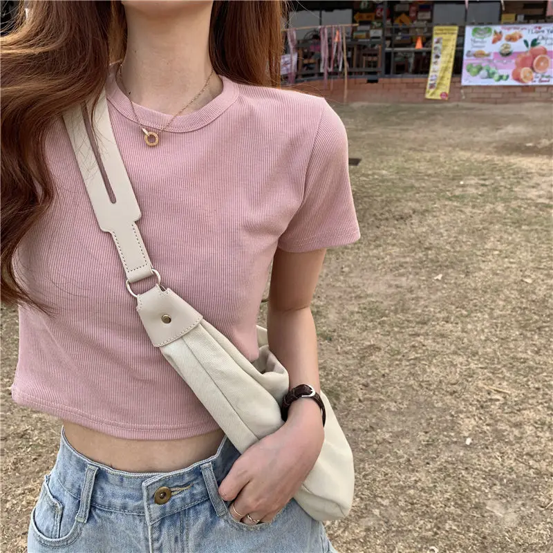 

Women Korean Style Tight Hot Girl Short Sleeve Short Style T Shirt 2021 Summer Silm Cotton Bottom Shirt Top Woman Tshirts Tops