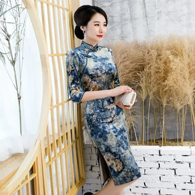 blue Velvet dress SHENG COCO L-4XL женские чонсамы банкетное платье гибкие бархатные цветы Qipao синий Шанхай женское элегантное китайское модное платье - Цвет: blue Velvet dress