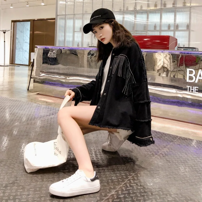 

Women Tassel Denim Jacket Spring Autumn Black Bomber Punk Style Streetwear Female Sequined Loose Casual Denim Jackets Coats