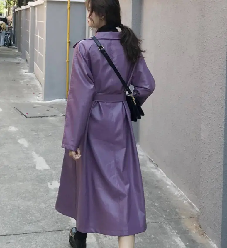 Женский однобортный Тренч из искусственной кожи Длинная ветровка фиолетового