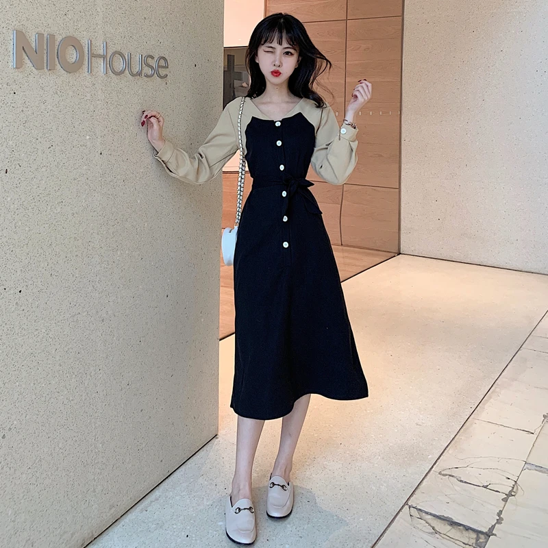 Черные Базовые платья Длинная Женская Весенняя базовая одежда лоскутное