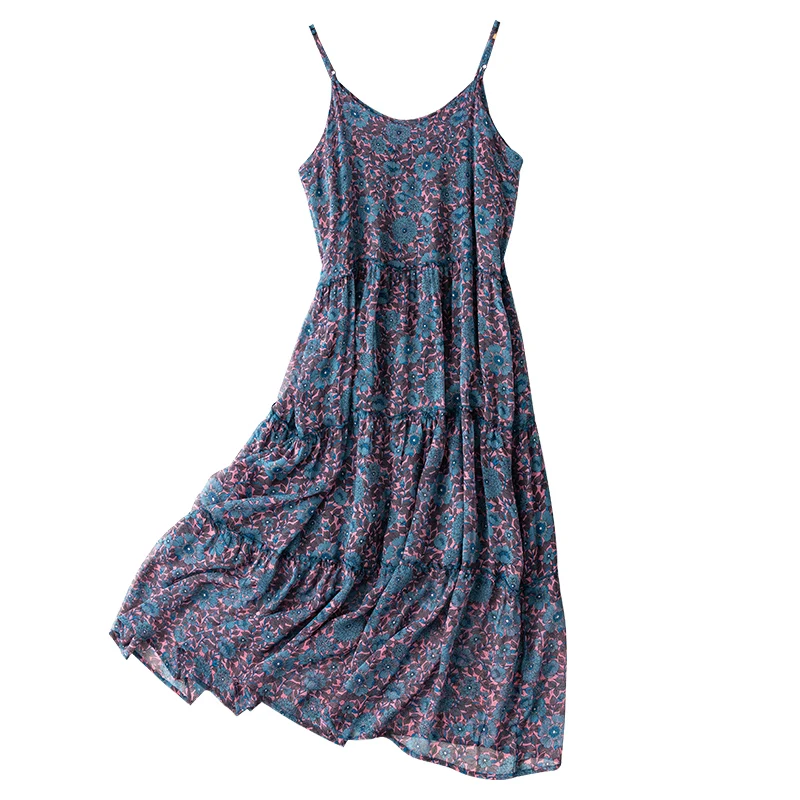 

SuyaDream Woman Long Dress 100%Silk Floral Printed Spaghetti Strap Dresses 2021 Spring Summer Holiday Dresses
