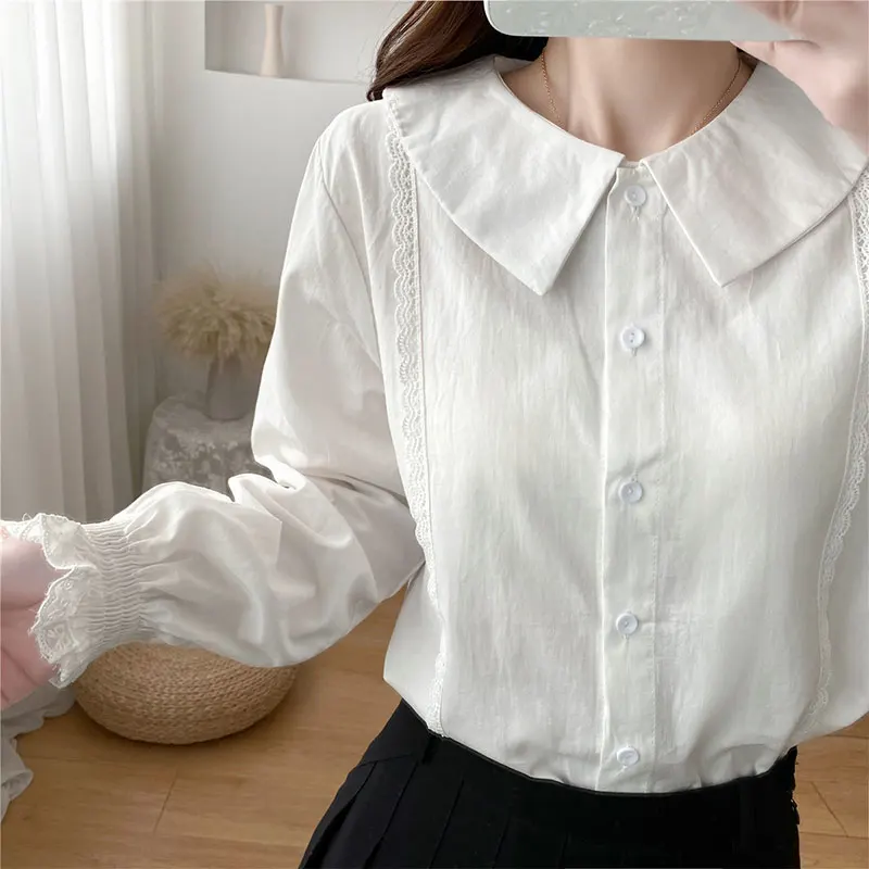 

2021 New Spring White Cotton Shirt Blouse Women Long Puff Sleeve Cute Korean Style Student Woman Blusas Femininas Tops With Lace