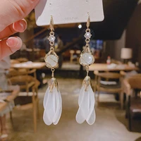 opal white petal dangle earrings super fairy korean temperament long tassel earrings design sense net red show face thin earring