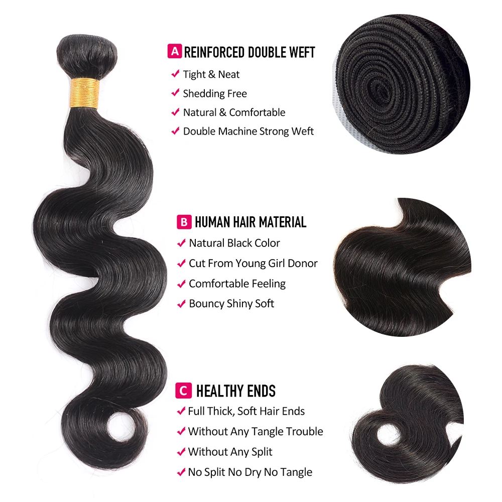 Peruvian Hair Body Wave Bundles Human 100% Remy Weaves 4 bundles Natural Black Double Weft No Shedding | Шиньоны и парики