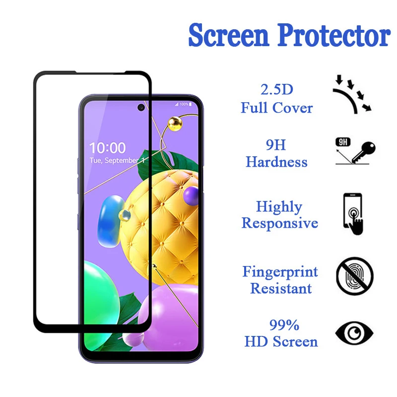 

Закаленное стекло 9H для LG K42, K52, K62, K92, K55, K22, K71, K41, K31, K53, Q61, защита экрана с полным покрытием, прозрачное стекло, черная рамка