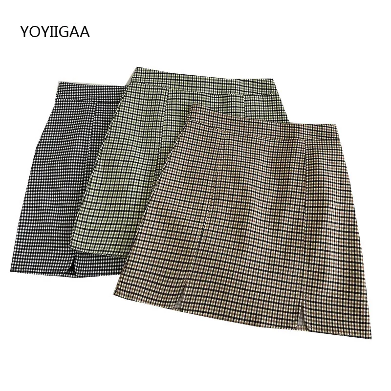 

Летняя женская клетчатая облегающая мини-юбка с Боковым Разрезом, женские короткие юбки а-силуэта с высокой талией, Уличная Сексуальная Жен...