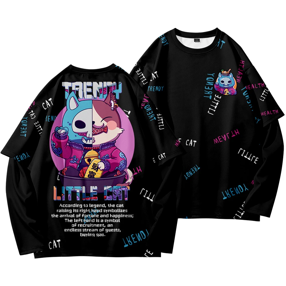 

Harajuku Fake Two Pieces T shirt Streetwear Little Cat Print Men Long Sleeve Women Tops Casual Loose Tshirt oversized