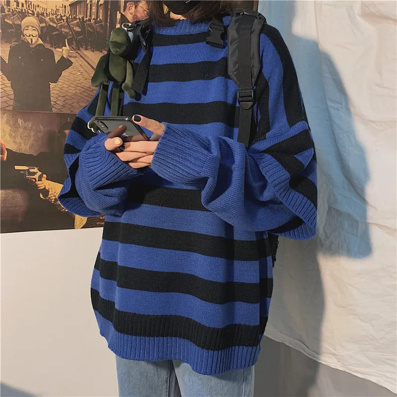 LAPPSTER Men Harajuku Oversized Sweater Fall Pullover Man Fake Two Pieces Streetwear Sweater Korean Fashion Striped Clothes