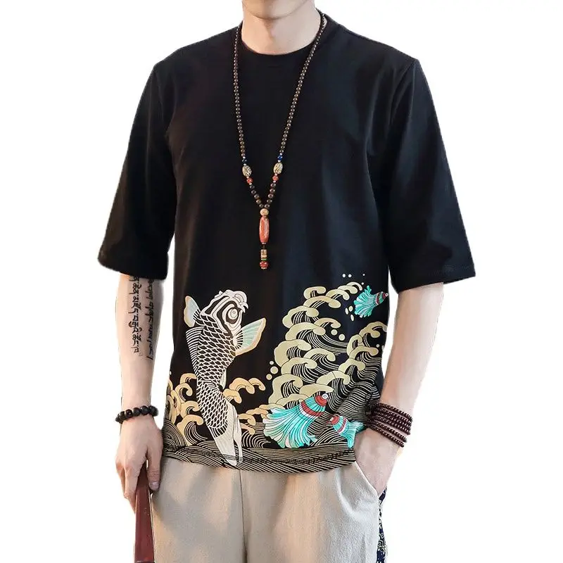 

New Fashion Brand Cotton Clothing Chinese Style Print Men T-Shirt Half Sleeve High Quality Tees Tops Auspicious Pattern T Shirt