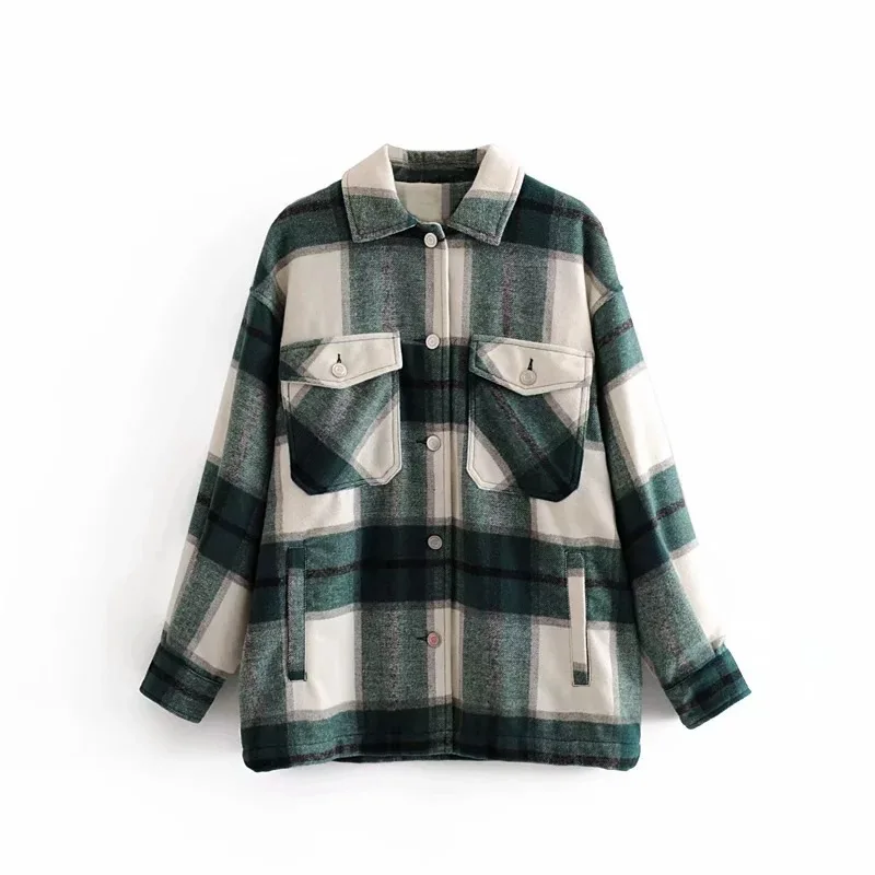 

Winter ladies green plaid long coat casual high quality warm coat fashion long coat 2021 women's clothing