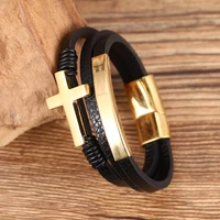 punk fashion bangles black cross initial stainless steel woven handmade leather bracelet charms golden mens letter jewelry