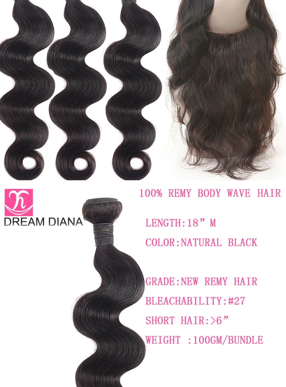 DreamDiana Brazilian Body Wave 360 Lace Frontal With Bundles 22"4"2"1B 12-26L Remy Weave 3 Bundles With 360 Lace Frontal Closure