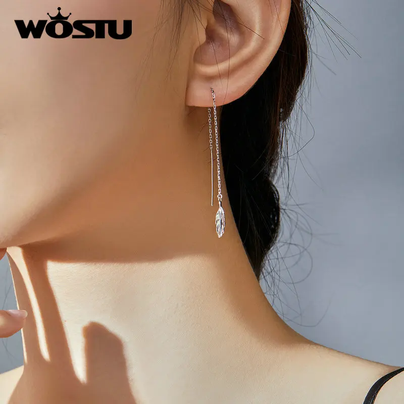 WOSTU настоящие 925 пробы серебряные серьги с перьями для женщин Лидер продаж простой дизайн таинственные Серьги перья свадебный подарок