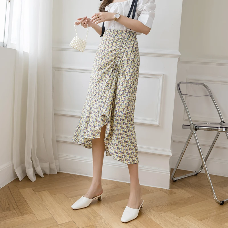 

Summer 2021 Vintage Floral Irregular Chiffon Midi Women's Skirt Korean Fashion Shirring Chic Mermaid Skirts Jupe Femme
