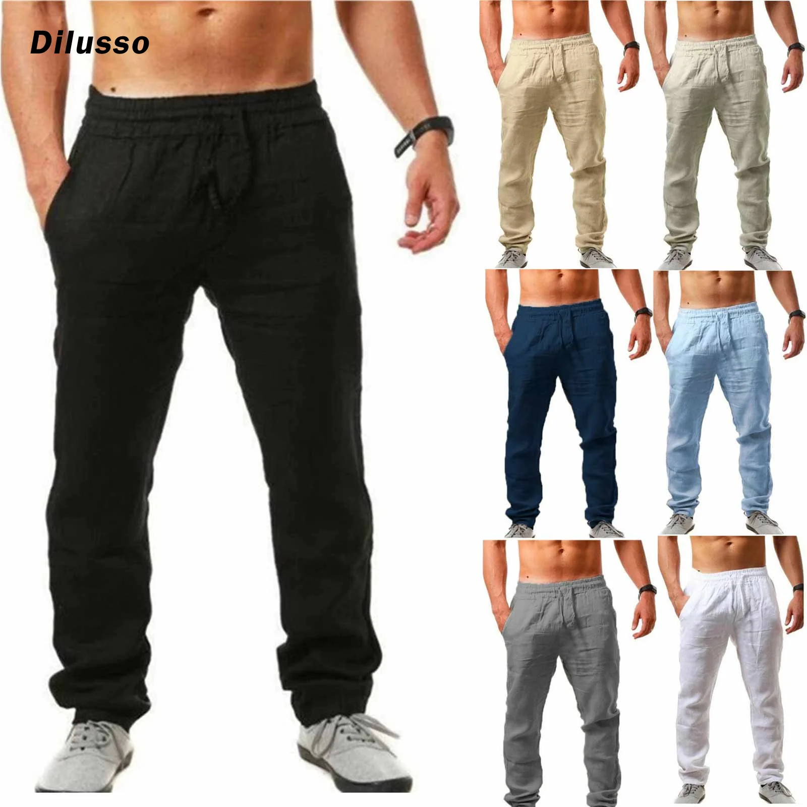 

Men Pants Casual Linen Breathable Loose Long Pants Solid Color Elastic Waist Straight Slim Flax Trousers Plus Size 2021 New