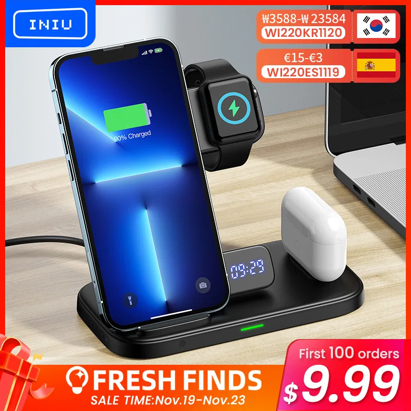 

Беспроводное зарядное устройство INIU 3 в 1 для iPhone 13 12 11 Pro Max Airpods Pro iWatch 15 Вт Qi подставка для быстрой зарядки для Xiaomi Huawei Samsung