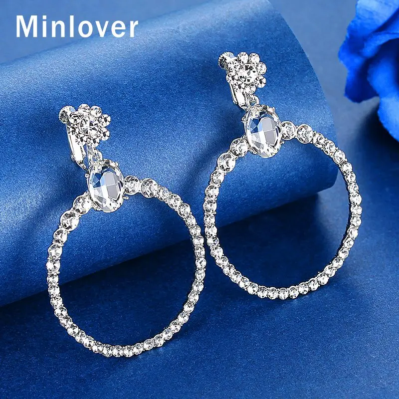 Minlover цветок горный хрусталь Круглый серебряного цвета круглые Клипсы Серьги без пирсинга для женщин Свадебные украшения MEH1635